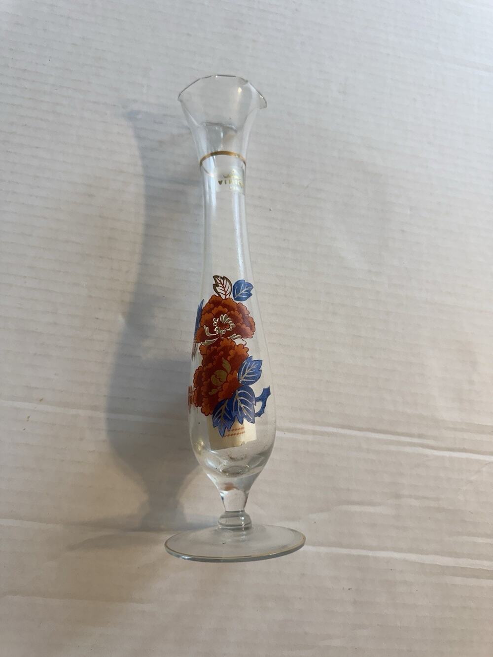 Viking Usa Vintage Glass Bud Vase With Floral Design And Gold Trim